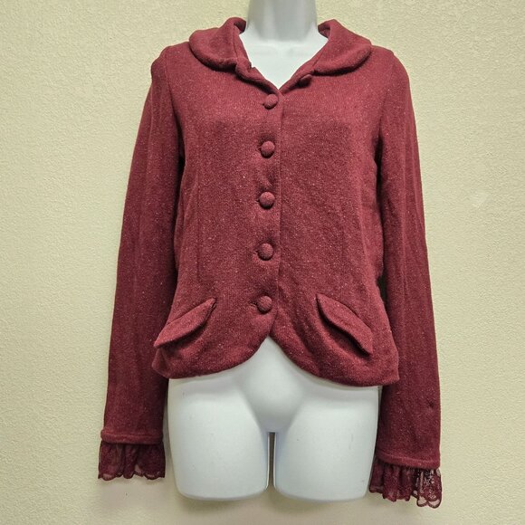 Vintage Style Y2K Preppy Academia Burgundy Cardigan Jacket Lace Cuffs & Button F - Picture 2 of 10